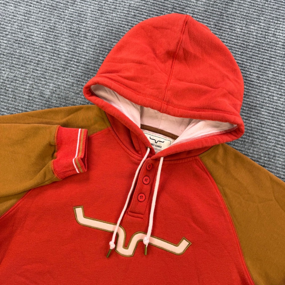 Kimes Ranch Womens Large Red Brown Raglan Henley Longhorn Logo Hoodie Sweatshirt